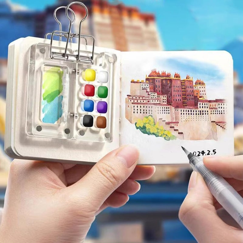 F'DIARY Mini Travel Watercolor Set Pocket Artist Watercolor Travel Set Grid Palette Box Sketch Book Brush Pens With Binder Clips For Painters Artists Students - Image 4